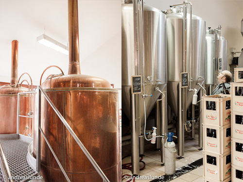 Brewing kettles and fermenting tanks at the Brasserie des Fagnes